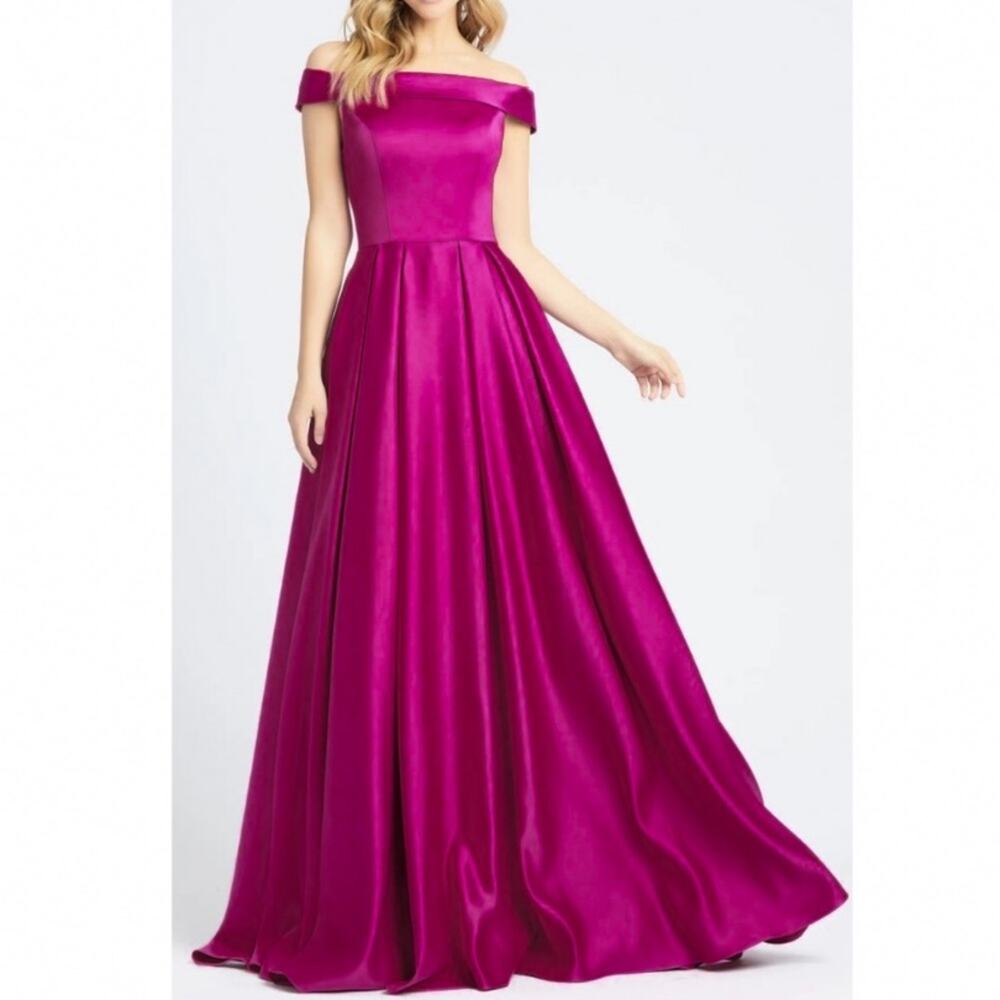 NWT Ieena Mac Duggal Fuchsia Off The Shoulder Satin A-Line Gown